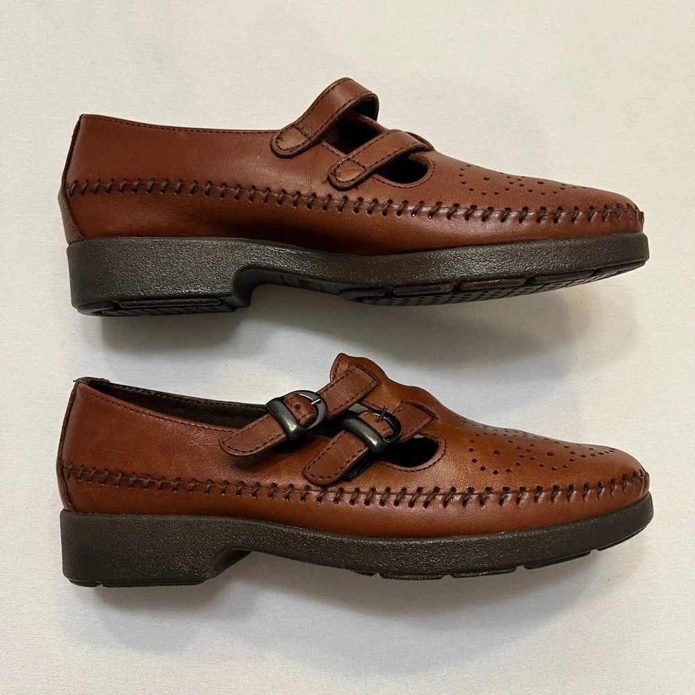 Dexter Vintage Comfort Classics USA Brown Leather Buckle T-Strap Shoes Size 8.5